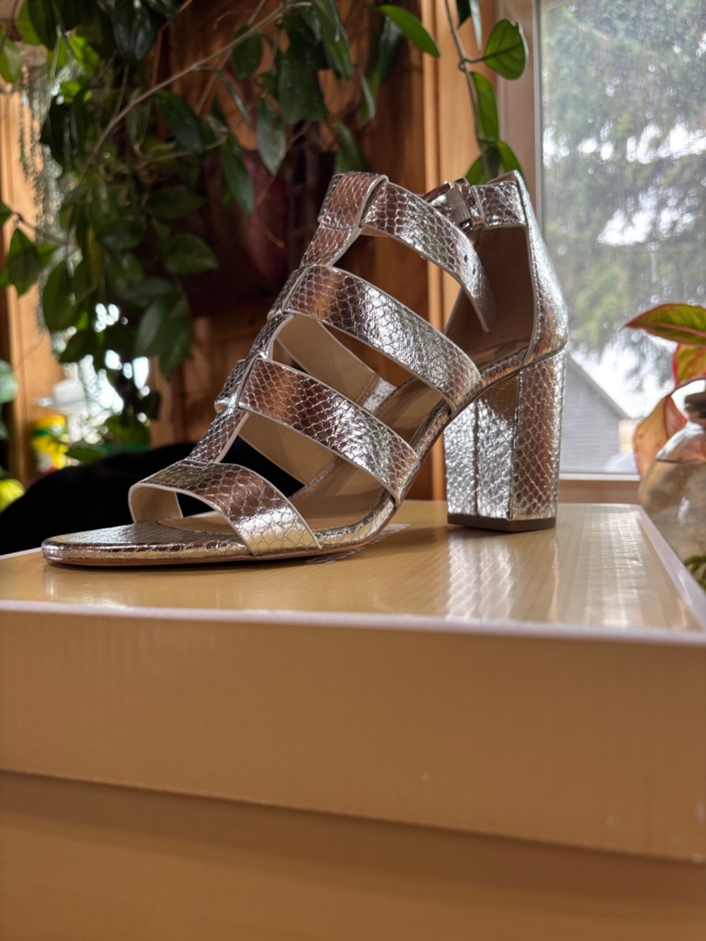 💋Michael Kors Dina Sandal Embossed Metallic Silver Sandals